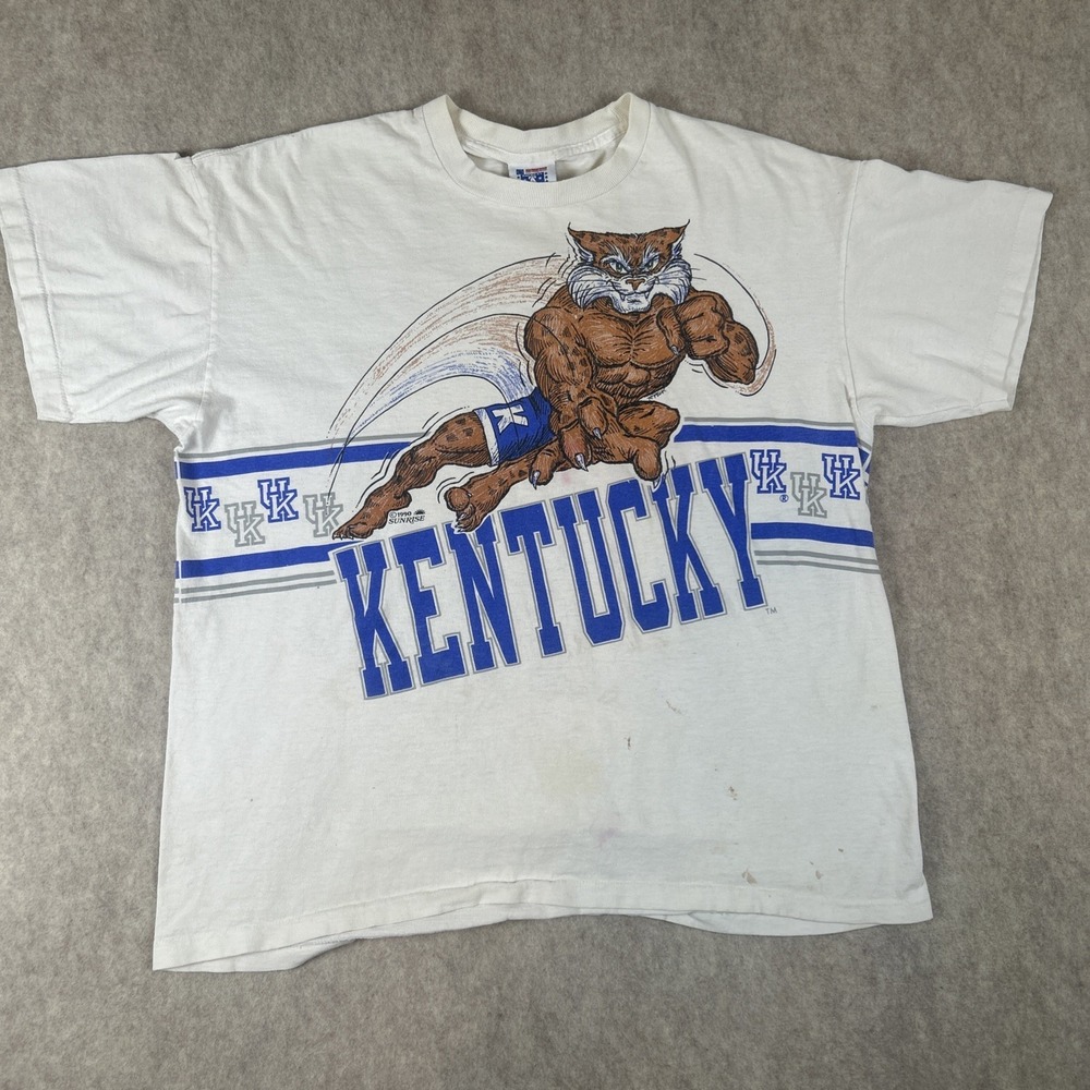 XL 1990 University of Kentucky UK Wildcats Single Stitch‎ Distressed AOP T-shirt